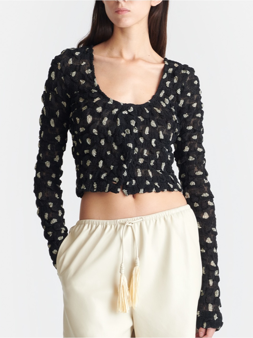 Nanushka Jylan Polka Seersucker Tech Chiffon Cropped Top Black Cream S NWT